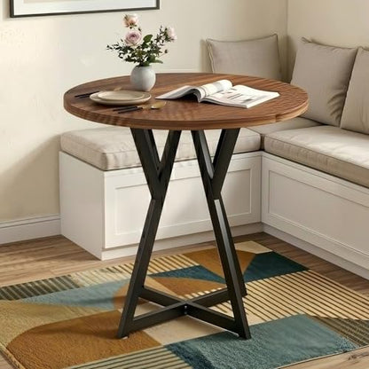 Small Dining Table, 31.5" Round Kitchen Table for 2 with X-Shaped Metal Pedestal Base, Wooden Dining Room Table for Small Spaces, Cafe, Apartment, Living Room, Office (Rustic Brown+Black)