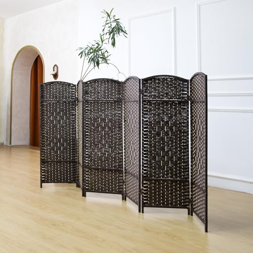 6-Panel Short Room Divider, 3.9 ft Freestanding Partition Wall, Dark Brown Rattan Double-Sided Folding Screen for Living Room, Bedroom & Corner Privacy - color: Dark Brown, size: 6 Panel