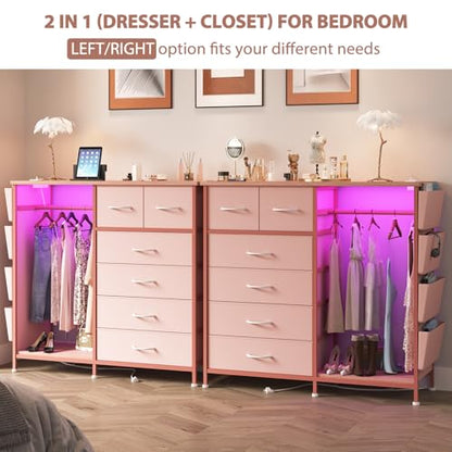 6 Drawer Dresser for Bedroom with Clothes Rack, Clothes Dresser with Side Pockets and Hooks, Charging Station & LED Lights, Wooden Top, Fabric Storage (Pink) - color: Pink