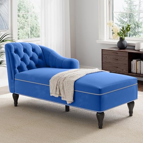 JIVOIT Velvet Upholstered Sofa Chaise Loungers, 58" Chaise Lounge with Nailhead Trim and Solid Wood Legs, Button Tufted Right Arm Facing Lounge Chair for Living Room, Sleeper Lounge Sofa - color: Blue-velvet