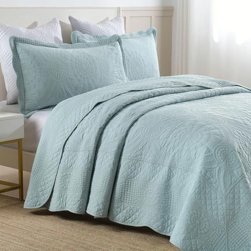MarCielo 100% Cotton Quilt Set - 3-Piece Embroidered Farmhouse Bedspread & Shams, All-Season Breathable Bedding (Tf Aruba Blue, Queen) - color: Tf Aruba Blue, size: Queen (98" x 90")