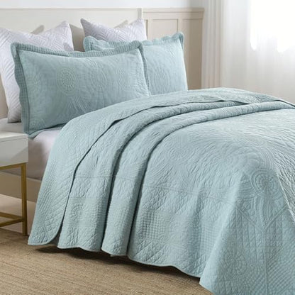 MarCielo 100% Cotton Quilt Set - 3-Piece Embroidered Farmhouse Bedspread & Shams, All-Season Breathable Bedding (Tf Aruba Blue, Queen) - color: Tf Aruba Blue, size: Queen (98" x 90")