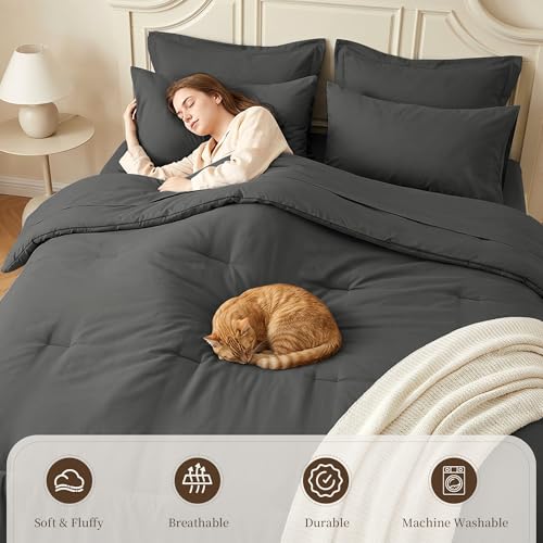 Twin Comforter Set 5 Pieces - Ultra-Soft Bed in a Bag Twin Size, Cozy Luxury All Season Bedding Sets with Comforter, Flat Sheet, Fitted Sheet, 1 Pillow Shams & 1 Pillowcases, Dark Gray - color: Dark Gray, size: Twin