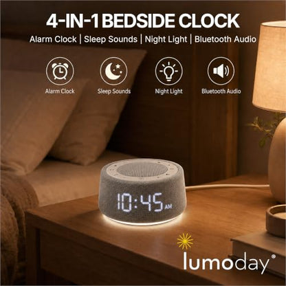 White Noise Alarm Clock for Bedroom, Night Light, Bluetooth Audio | 18 soothing sounds, Bluetooth speaker, ambient light ring, adjustable alarm volume, USB charger, dimmable digital clock - color: Black