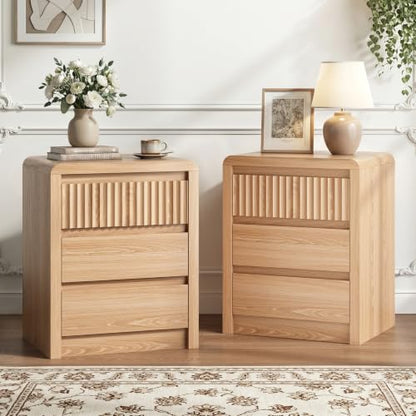 LYNSOM Fluted Nightstand Set of 2, Wood End Table with 3 Drawer, Oak | Mid Century Modern Night Stand with Stoarge, Bedside Table with Curved Profile Design for Living Room, Office, 20" W - color: Oak, size: 3 Drawers