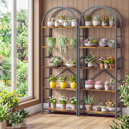 Arched Bookshelf 5 Tier Tall Bookcase, Industrial Metal Frame Book Shelf with X Reinforced Structure, Adjustable Feet Storage Display Shelf for Living Room Bedroom Office Rustic Brown