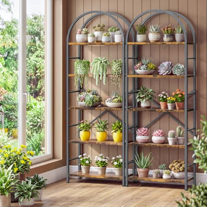 Arched Bookshelf 5 Tier Tall Bookcase, Industrial Metal Frame Book Shelf with X Reinforced Structure, Adjustable Feet Storage Display Shelf for Living Room Bedroom Office Rustic Brown