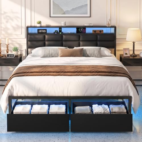 Full Bed Frame with 2 Storage Drawers, LED Lights & Charging Station, Upholstered Headboard with Shelves, Heavy Duty Metal Platform, No Box Spring Needed, Noise Free, Easy Assembly - size: Full
