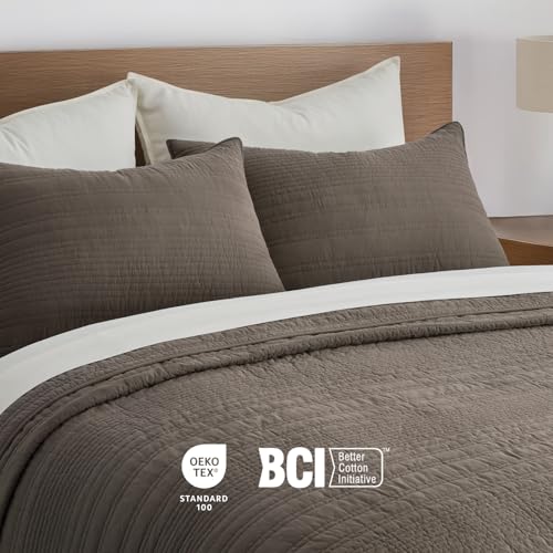 EVERGRACEHOME 100% Cotton Modern Lines Quilt Set Queen Size, Mushroom Brown | Pre-Washed Soft Cotton, Striped Coverlet Bedspread, 3 Piece Lightweight Bedding Set for All Season, with 2 Pillow Shams - color: Mushroom Brown, size: Full/Queen (92" X 92")