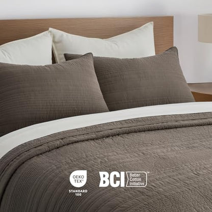 EVERGRACEHOME 100% Cotton Modern Lines Quilt Set Queen Size, Mushroom Brown | Pre-Washed Soft Cotton, Striped Coverlet Bedspread, 3 Piece Lightweight Bedding Set for All Season, with 2 Pillow Shams - color: Mushroom Brown, size: Full/Queen (92" X 92")