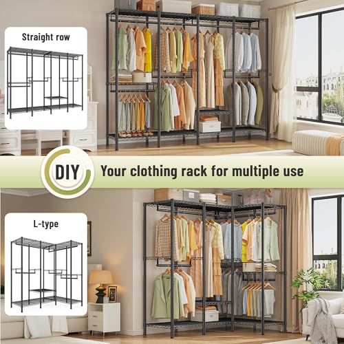 Raybee Heavy Duty Clothes Rack, 1150lbs Capacity, Adjustable | 76" W Freestanding, Steel Structure, 4 Rods & 6 Shelves, Tool-Free Assembly, Sturdy for Closet, Bedroom, Black - color: Black, style: Heavy Duty Clothes Rack