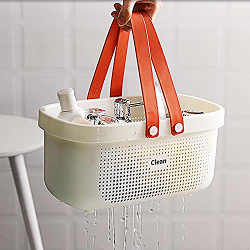 JiatuA Plastic Storage Basket with Handle Portable Shower Caddy Tote Organizer Basket Bin for Bathroom Kitchen Dorm Room Bedroom, White | Sturdy Drainage Large Capacity Organizer Basket with Silicone Handles for Bathroom Kitchen Bedroom College Dorm Essen