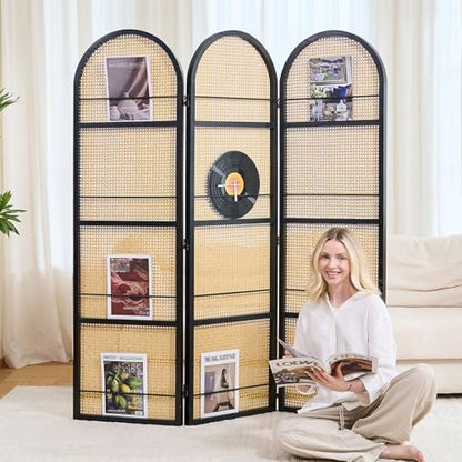 Rattan Room Divider with Bookshelf,Foldable Privacy Screen Partition,Wooden Frame,Natural Portable for Living Room,Bedroom Home,Office Reading Nook (Black, 3 Panels) - color: Black