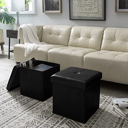 Simplify Faux Leather Folding Storage Ottoman | Single | Collapsible | Tufted Padded Seating | Foot Rest | Bench | Toy Box | Black - color: Black, size: 15"D x 15"W x 15"H