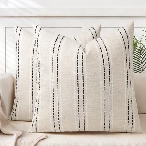 26x26 Decorative Farmhouse Linen Throw Pillow Covers, Boho Textured Pillow Case, Set of 2, Beige with White & Black Stitch Yarn Dyed Stripe Cushion Cover for Sofa Couch Living Room (Cover ONLY) - color: Beige With White & Black, size: 26" x 26" (Pack of 2