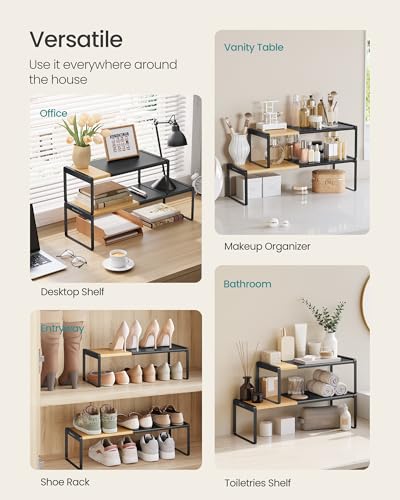 SONGMICS HOME Spice Rack, Expandable Cupboard Shelf Orgnizer,Bamboo | Kitchen Counter Shelves, Bamboo and Steel, Stackable, Ink Black, BYSTRO Collection UKCS051B01 - color: Light Bamboo + Ink Black, size: 2 Pack