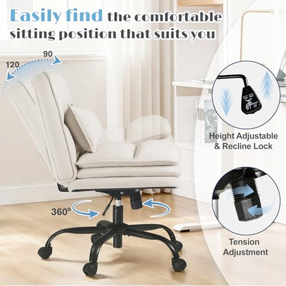Furmax Criss Cross Legged Office Chair with Wheels, Armless Extra Wide Seat Swivel Desk Chair, Adjustable Height Comfy Task Chair with Thick Cushion for Home Office Bedroom Vanity (Fabric, Beige) - color: Beige