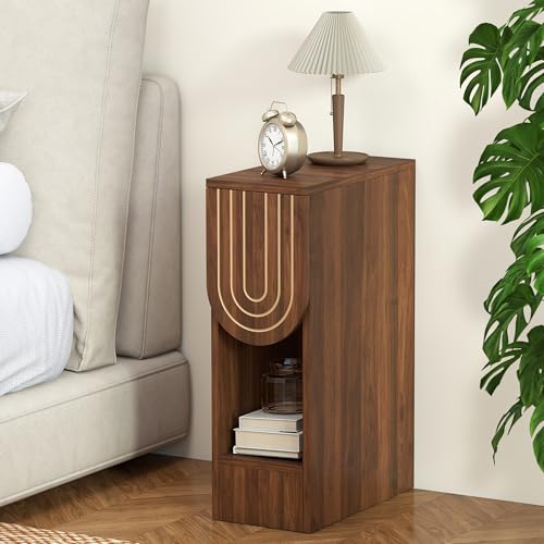 weselon Narrow Nightstand, Mid-Century Modern Bedside Table with Carved Drawer and Storage Shelf, Slim Side End Table for Bedroom Small Space, Wooden Farmhouse Night Stand (1, Walnut) - color: Walnut-carved Drawer, size: 1-Pack
