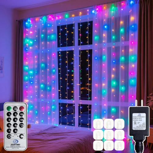 300 LED Multicolor Rainbow Curtain String Lights 9.8x9.8FT, Plug in Fairy Lights with 9 Hooks, Dimmable, Timer & 8 Modes, IP44 Waterproof, Bedroom Party Wedding Backdrop Christmas Outdoor Decor - color: Multicolor, size: 300LED