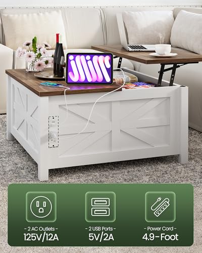 31.5" Lift Top Coffee Table, Farmhouse Coffee Table with Charging Station and Storage, 2 AC Outlets and 2 USB Ports, White and Walnut MKF02UWAN1