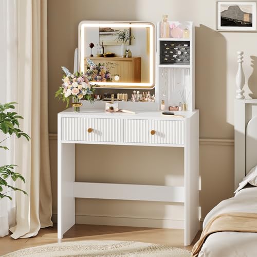 Fluted Makeup Vanity Desk with Mirror and Lights | Small Vanity with 3 Lighting Modes Adjustable Brightness, Jewelry Storage Cabinet and 2 Drawers, White - color: White