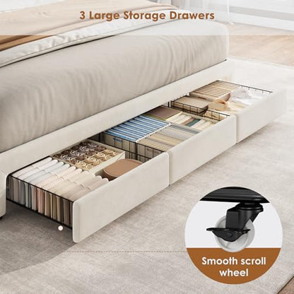 Garvee King Size Bed Frame with Storage, Velvet Upholstered Platform Bed Frame with Crystal Tufted Headboard, Charging Station, 3 Drawers, No Box Spring Needed, Noise-Free,for Bedroom, Ivory | Velvet Upholstered Platform Bed Frame with Crystal Tufted Head
