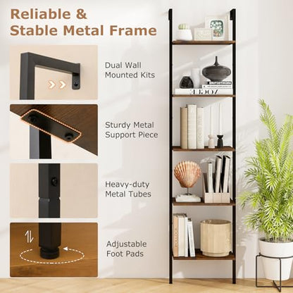 Tangkula 5-Tier Ladder Shelf, 70 Inch Wall-Mounted Open Bookshelf with Anti-Tipping Kits, Metal Frame, Industrial Display Rack Storage Vertical Bookcase for Living Room Home Office (2, Rustic Brown)