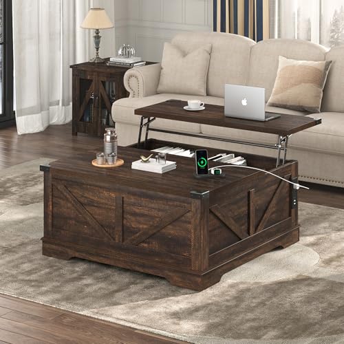 Hlivelood 40” Large Farmhouse Lift Top Coffee Table with Power Outlets and Large Hidden Storage, Square Wood Living Room Tables, Multi-Function Lift Wooden Barn Door Center Table, Brown - color: Brown
