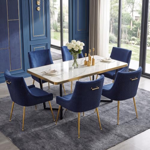 WUTUTUEE Velvet Dining Chairs Set of 6 Gold Legs,Upholstered Velvet Accent Chairs, Pleated Back Design & Gold Pull Handle, Mid Century Modern Chairs for Dining/Kitchen/Living Room,Blue - color: Blue, size: Set of 6