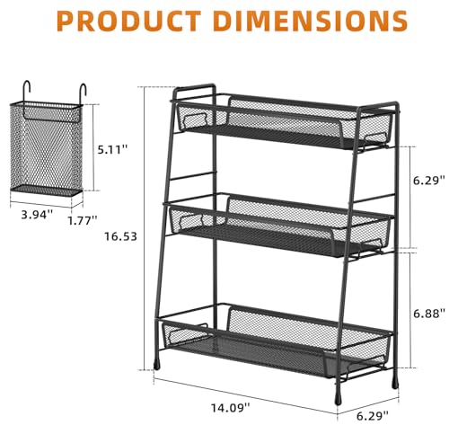 VITVITI 3 Tier Bathroom Organizer Countertop, Counter Storage Shelf, Black | Metal Wire Mesh Bathroom Counter Organizer with Basket Hooks, Vanity Tray, Kitchen Spice Rack - color: 3 Tier Large Black
