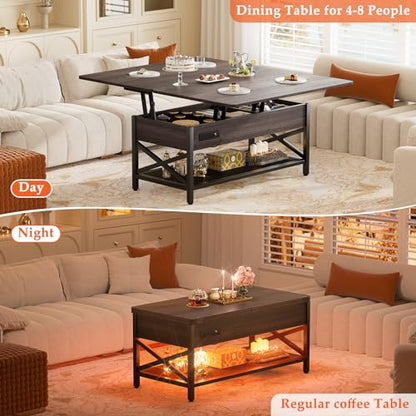 Aheaplus Coffee Table Lift Top Multi-Function Coffee Table Converts to Dining Table, with LED Light and Power Outlet, Center Table with Shelves for Living Room Reception Home Office,-S2, Espresso - color: Espresso