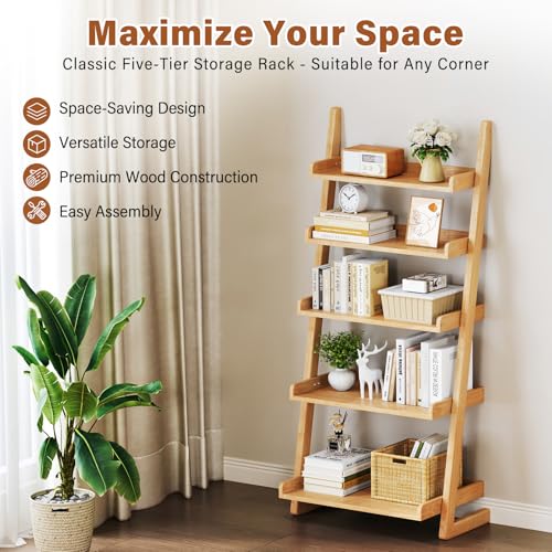 CozyDH Wooden Ladder Shelf,Natural Ladder Bookshelf Narrow 5-Tier,Ladder Shelf Bookcase Storage for Living Room, Bedroom, Home Office,23.6Dx15.7Wx55.1H - color: Natural
