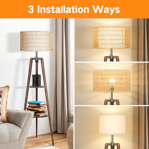 OUTON Boho Rattan Tripod Floor Lamp with Shelves, Dimmable Mid Century Modern Standing Lamp with Remote Control,Wood Tall Floor Lamps for Living Room Bedroom Office Farmhouse Bulb Included, Walnut - color: Walnut
