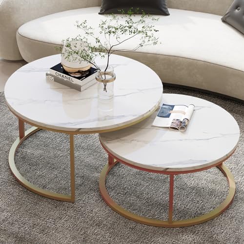 WiberWi Round Coffee Table Nesting Tables Set of 2, Large : Ø 34.0", Small : Ø 26.0", Modern Design Coffee Tables for Living Room, Gold Metal Frame Circle Cocktail Table, High Glossy Faux White Marble - color: White Faux Marble