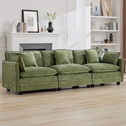 111'' Sectional Cloud Deep Seat Couch, Modern Comfy Chenille Modular Sectional Sofa for Living Room Set, Upholstered Modular 3-Seats Sofa Couch, Green - color: Green, size: 111'' 3 Seats