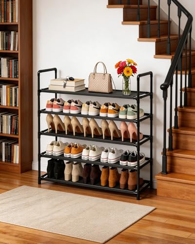 5 Tier Tall Shoe Rack Large Capacity, 34.5" Wide Entryway Shoe Organizer, Stackable Metal Frame Waterproof Nonwoven Shelves, Holds 20-25 Pairs, Space Saving Storage for Closet Hallway Garage, Black - size: 5-Tier(34.5"W)