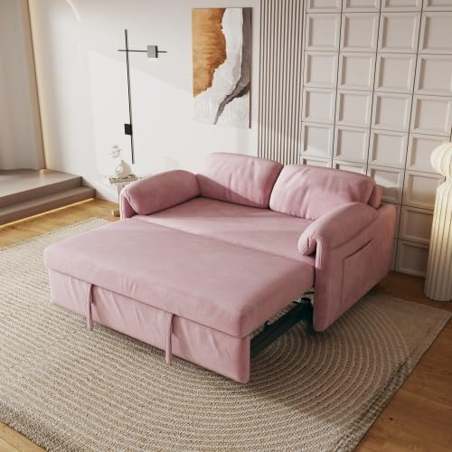 anwickjeff 54'' Corduroy 3-in-1 Convertible Sofa Bed, Pull Out Sleeper Loveseat Couch with USB Ports & Storage Pockets, Futon Couches for Small Space, Living Room, Apartment (Pink) - color: Pink
