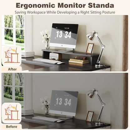 HUAHUU 78" Farmhouse L Shaped Executive Desk with Drawers, Modern Computer Desk with Power Outlets, Office Writing Desk with Monitor Stand & Storage Cabinet, Printer Shelf, Antique White - color: Black and White