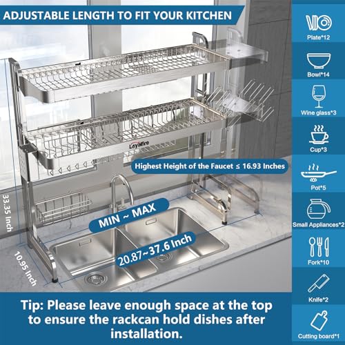 Loyalfire Over Sink Dish Drying Rack, 3 Tier Adjustable Length (20.87'' to 37.6'') Full Stainless Steel Large Storage Kitchen Dish Rack, Expandable Drainer Shelf Rack with Multifunctional Organizers - color: Silver