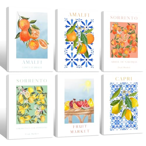 Fruit Wall Art Kitchen Artwork Wall Decor Fruit Market Prints Poster Colorful Lemon Canvas Wall Art Vintage Pictures Lemon Orange Prints Set of 6 for Room Bedroom 8x10 Inch Ready to Hang - color: Fruit Prints, size: 8x10 Inch Wrapped Canvas