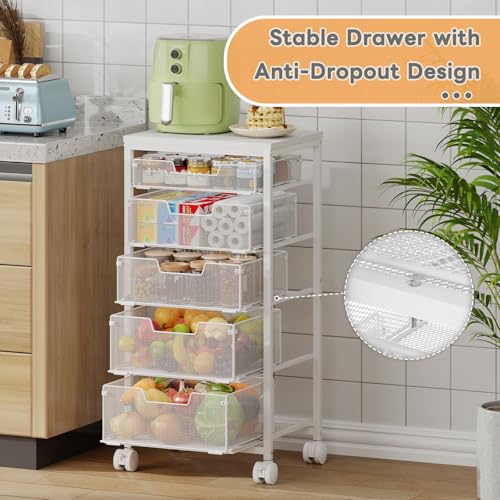 Kitchen Storage Cart with Wheels, 5-Tier Fruit Vegetable Storage Cart, Kitchen Organizer and Storage Cart with Drawers, Wooden Top Metal Wire Pantry Storage Cart for Fruit Snack Onion Potato, White - size: 5-Tier White