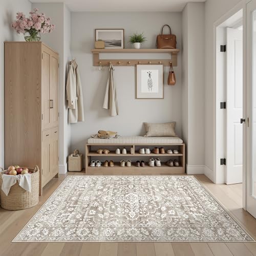 Soalmost 3x5 Area Rugs for Entryway, Washable Neutral Soft Rug Light Brown | Vintage Floral Low Pile Non-Slip Throw Area Rugs, Accent Rug Floral Indoor Mat for Bedside Living Room Kitchen Bedroom 3'x5' - color: Light Brown, size: 3' x 5' (Rectangular)