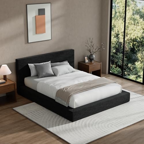 RECCI AirFrame Queen Upholstered Bed Frame with Plush Padded Headboard | Plush Padded Headboard, 360° Soft Foam Surround, Low Profile Cloud Bed Frame, No Box Spring Required, Easy Assembly - color: Onyx Black, size: Queen
