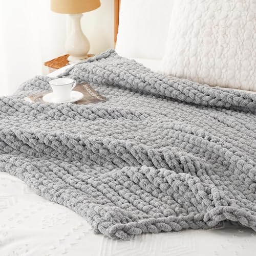 Chunky Knit Throw Blanket for Couch, Light Grey Throw Blanket 50"x60" | Knit Throw Blanket, Soft Thick Chunky Blanket, Hand Made Gray Knitted Throw Blanket for Bed Sofa Living Room - color: Light Grey