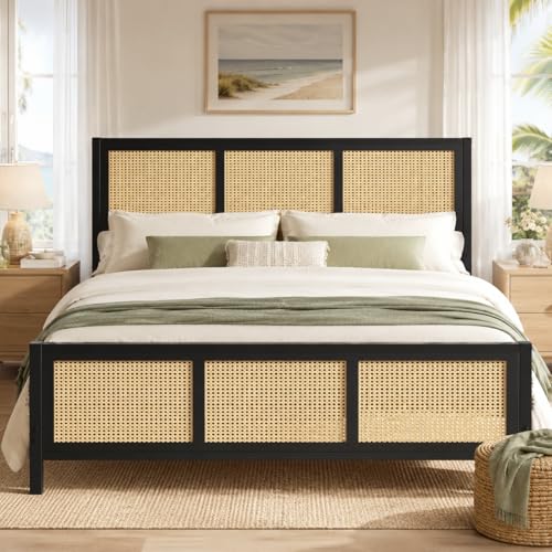IMMERSTABLE Rattan King Bed Frame with Headboard and Footboard, Boho Metal Platform Bed Frame King Size with 13.8 in Under Bed Storage, Heavy Duty Metal Slat Support, No Box Spring Needed, Black - color: Black, size: King