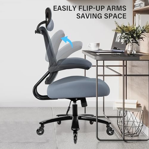 500lbs Big and Tall Office Chair - Heavy Duty Mesh Ergonomic Desk Chair with Headrest, High Back Computer Chair - Flip-up Armrests, Wide Thick Seat Cushion, Quiet Wheels, Grey - color: Grey With Headrest