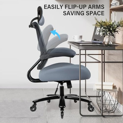 500lbs Big and Tall Office Chair - Heavy Duty Mesh Ergonomic Desk Chair with Headrest, High Back Computer Chair - Flip-up Armrests, Wide Thick Seat Cushion, Quiet Wheels, Grey - color: Grey With Headrest