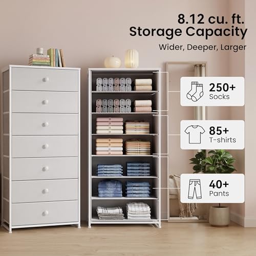 Fabric Dresser for Bedroom, Wide 7-Drawer Tall Vertical Tower (White) | Wooden Top, Steel Frame, Easy Pull Bin,Organizer Unit for Living Room, Hallway, Entryway, Nursery, Closets - color: White, style: Wide-7 Drawers