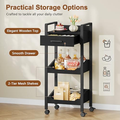 Hoctieon 3-Tier Rolling Storage Cart with Drawer, Rolling Utility Cart Organizer, Mobile Shelving Unit with Wheels, Metal Frame, Kitchen Utility Cart for Small Space, Office, Bathroom, Black - color: Black