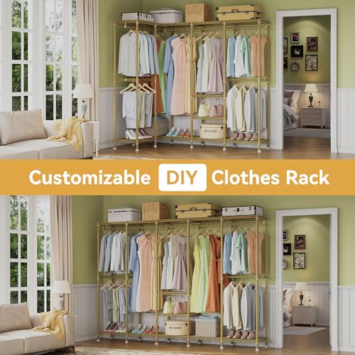 Higeego H5 Heavy Duty Clothes Rack, Freestanding Clothing Rack, Gold | 93.3"Wx15.7"Dx75.4"H, Large Garment Rack, Freestanding Clost Rack for hanging clothes, with Adjustable Shelf, Load 1400 lbs - color: Gold